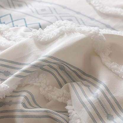 CLOTHKNOW White Blue Bohemian Queen Comforter Set Clipped Jacquard Farmhouse Bedding Comforter Sets Jacquard Stripes Comforter Soft Fluffy