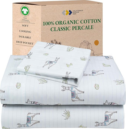 California Design Den Printed Twin Sheet Set Cotton, 100% Organic Cotton Percale Sheets, Deep Pocket Twin Sheets & Pillowcase Set - Llama