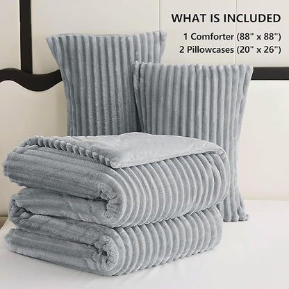 CozyLux Fluffy Queen Comforter Set - Super Soft Faux Fur Grey Comforter Queen Size, Winter Warm Fleece Bedding Set, 3 Pieces Plush Fuzzy Bed Set (1 Shaggy Comforter, 2 Pillowcases)