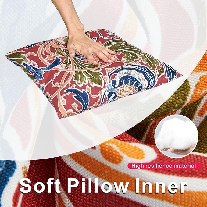 JMGBird Water-Resistant Outdoor Pillows Set of 2, 18x18 inch Durable Blue with Pomegranate Flower Pattern Throw Pillows with Inserts for Patio Furniture