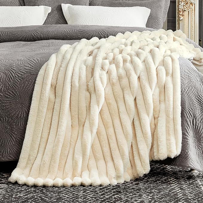 Cozy Bliss Faux Fur Throw Blanket for Couch, Cozy Warm Plush Striped Blanket for Sofa Bedroom Living Room, 108 * 90 Inches Beige
