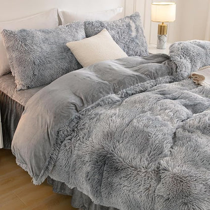 Andency Faux Fur Tie-Dyed Grey White Comforter for Queen Size Bed, 3 Pieces Fluffy Fuzzy Plush Bedding Comforter Set (1 Shaggy Velvet Comforter & 2 Pillowcases), Soft Puffy Bedding Set
