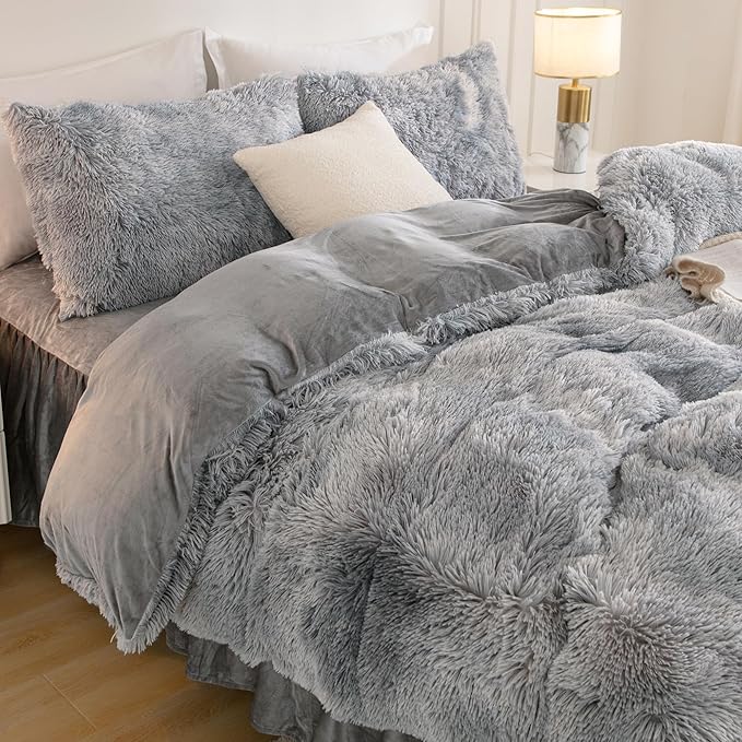 Andency Faux Fur Tie-Dyed Grey White Comforter Set Full Size, 3 Pieces Fluffy Fuzzy Plush Bedding Comforter Set (1 Shaggy Velvet Comforter & 2 Pillowcases), Soft Puffy Down Comforter Bedding Set