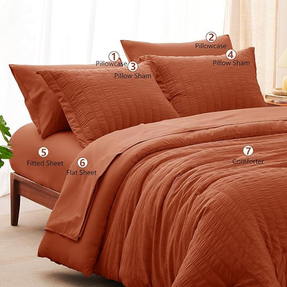 CozyLux King Size Comforter Set Burnt Orange Seersucker 7 Pieces Bed in a Bag King Comforter Set with Sheets Terracotta Luxury Bedding Set with Down Alternative Comforter, Sheets, Pillowcases & Shams