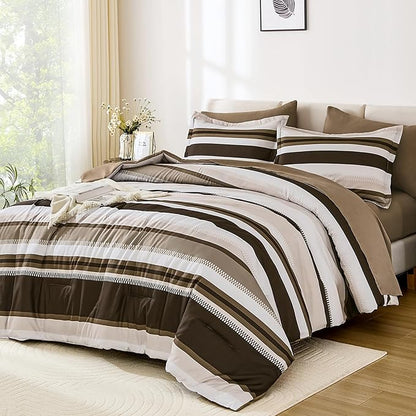 WONGS BEDDING King Size Comforter 7 Pieces, Brown King Comforter Set with Sheets, Striped Bed in a Bag Boho Lightweight Bedding Set for All Seaon (104"×90")