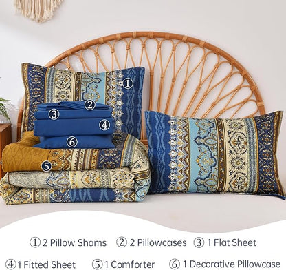 Cottolester Boho Comforter Set Full Size 8 Pieces,Brown Blue Bohemian Comforter Paisley Striped Bed in A Bag,Soft Microfiber Bedding Set for All Season