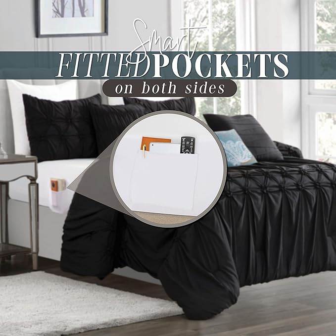 Elegant Comfort 12-Piece Bed-in-a-Bag, Ella Pleated Ruched Pintuck Comforter Set, 6-Piece Sheet Set Featuring Smart Pockets, Matching Decorative Pillows, All Season Bedding, Full, Black