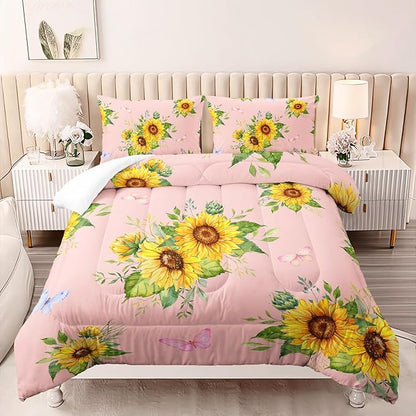 Sunflower Pink Comforter Set Twin Size for Women Adults,3 Piece Butterfly Floral Bedding Set,Microfiber Quilts with 2 Shams Soft Lightweight Quilt Room Decor,Pink