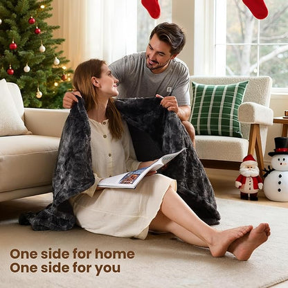 Bearhug Heated Throw Blanket 50" x 60" Electric Throw Warming Blanket Reversible Faux Fur & Sherpa, 6 Heating Levels & 4H Auto Off, Over-Heat Protect, ETL, Washable Heated Blanket Marble Black