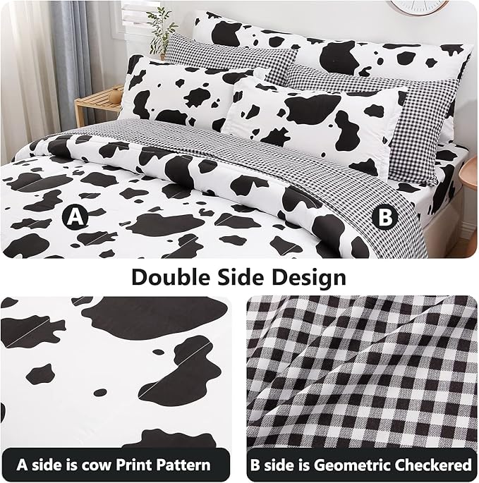 SUCSES Cow Print Twin Comforters 8 Pieces Bedding Set Cowhide Bed in A Bag for Boys Girls Black and White Cute Kids Comforter Set with Sheets