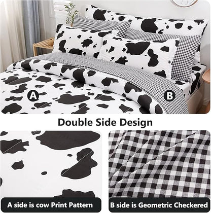 SUCSES Cow Print Twin Comforters 8 Pieces Bedding Set Cowhide Bed in A Bag for Boys Girls Black and White Cute Kids Comforter Set with Sheets
