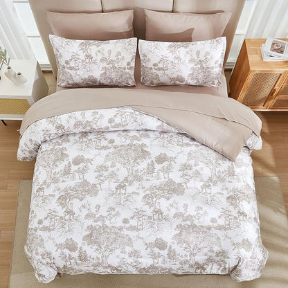 DJY Khaki Comforter Set Queen, 7 Pieces Bed in a Bag Queen Size Botanical Comforters with Sheets Elegant Plants Print Soft Microfiber Reversible Complete Bedding Sets for All Season