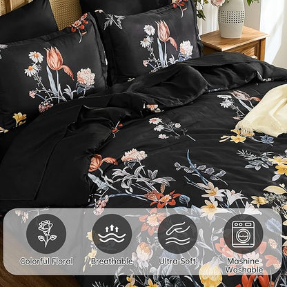 WONGS BEDDING King Comforter Set 7 Piece, Black Floral Bed in a Bag Bedding Set with Botanical Flowers Patterns, Soft Lightweight Complete Comforters with Sheets for All Season