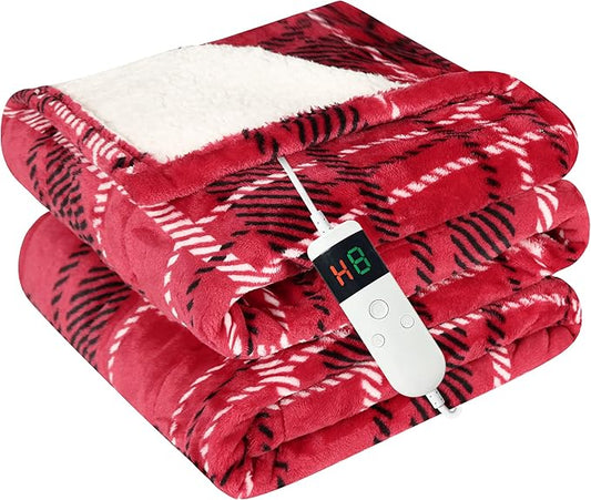 Electric Blanket Heated Throw, Soft Flannel 50"x60" Plaid Heating Blanket with 8 Hours Auto Off 10 Fast Heating Levels Machine Washable Sherpa Heated Blanket with Overheating Protection