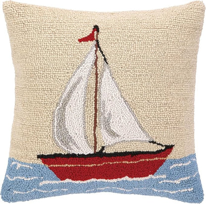Sailboat Wool Hook Pillow for Lake or Beach House by The Pillow Shoppe, 16" Square