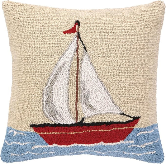 Sailboat Wool Hook Pillow for Lake or Beach House by The Pillow Shoppe, 16" Square