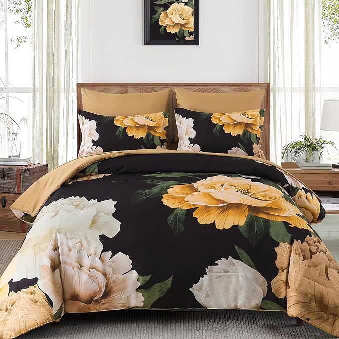 Dobuyly King Size Comforter Set 7 Piece Bed in a Bag, Yellow Brown Floral Printed on Black Comforter Set with Sheets, Soft Microfiber Botanical Boho Complete Bedding Set for All Season
