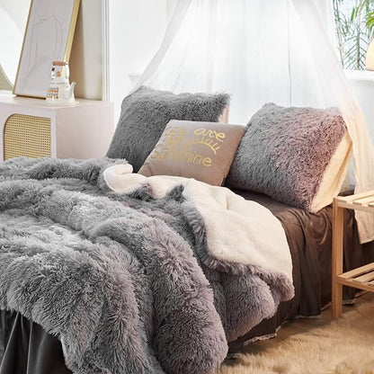 Joyreap 3-Piece Plush Shaggy Comforter Set, King Size Luxury Faux Fur Sherpa Reversible Bedding Comforter Set, Ultra Cozy Warm Fluffy Bedding Set for Winter (Light Gray, 100x88 inches)