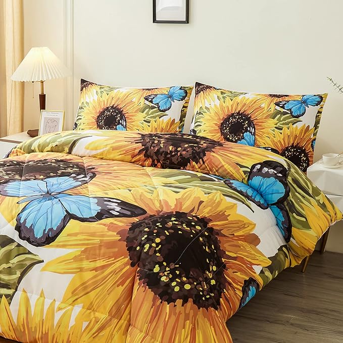 Sunflower Comforter Sets,Beautiful Seamless Pattern with Sunflower Blue Butterflies on White Background,Decorative Bedding Comforter Sets with 2 Pillow Shams, Queen Size