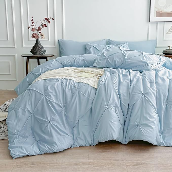 Maple&Stone Full Size Comforter Sets, 7 Pieces Bedding Sets Full, Pintuck Bed in a Bag Bed Set with Comforter, Sheets, Pillowcases & Shams - Light Blue