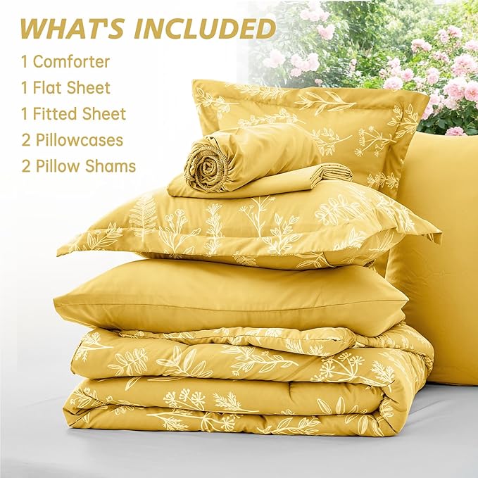 MUXHOMO Bright Yellow Full Comforter Set, Elegant Floral Print Bed in a Bag 7 Pieces, Ultra Soft & Breathable Reversible Botanical Pattern Bedding Set with Comforter, Sheets, Pillowcases, and Shams