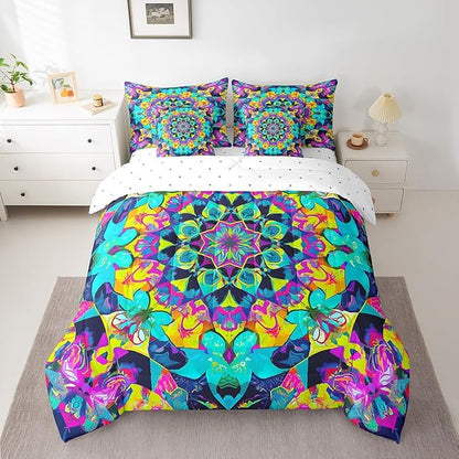 Oriental Mandala Comforter Set Vintage Floral Bedding Comforter Sets 7pcs for Toddler Kids, Art Deco Medallion Bed in a Bag Boho Teal Pink Full Bedding Sets, Retro Aesthetic Bedding Sets & Collections