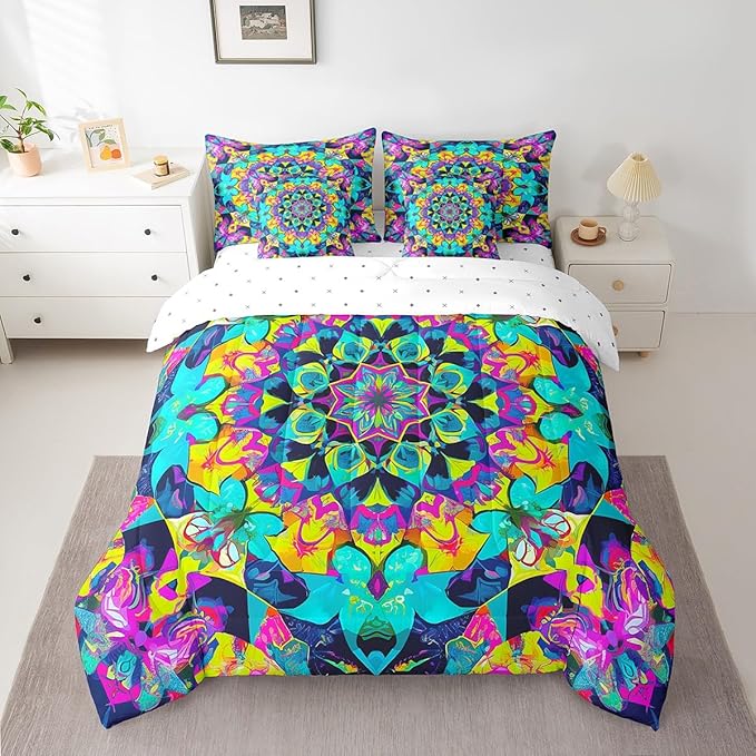Erosebridal Oriental Mandala Queen Size Comforter Set Vintage Floral Bedding Comforter Sets for Toddler Kids, Art Deco Medallion Bed in a Bag 7pcs Boho Teal Pink Bedding Set, Retro Aesthetic Bed Set