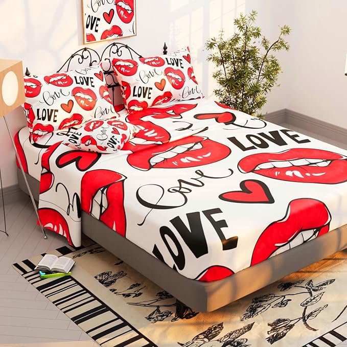 Namoxpa6 Pieces Love Themed Comforter Sets for Teens Girls,3D Red Lip Pattern,Decorative 6 Piece Bedding Sets with Comforter,Flat Sheet,Fitted Sheet,Throw Pillow Cover,Pillow Shams,Full Size
