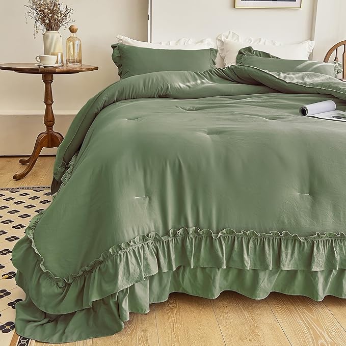 AIKASY Sea Green Comforters Twin Size Set, Vintage Boho Chic Farmhouse Bedding Sets Shabby Ruffle Queen Bed Comforter Bedding 3PCS（1 Comforter and 2 Pillowcases）