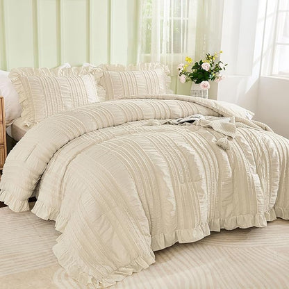 WONGS BEDDING Beige Ruffle Queen Comforter,Boho Shabby Chic Bedding for Queen Bed,Soft Seersucker Farmhouse Bedding Set with 1 Ruffled Comforter,2 Tufted Pillowcases 90"×90"