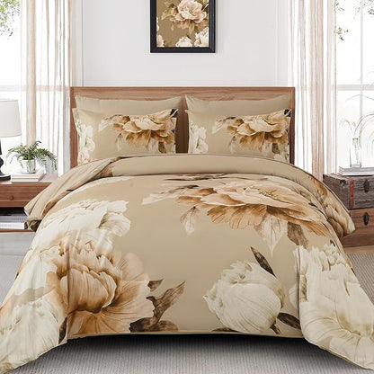 Dobuyly California King Comforter Set 7 Piece Bed in a Bag, Taupe Floral Printed on Khaki Fall Comforter Set with Sheets, Soft Microfiber Farmhouse Complete Bedding Set for All Season