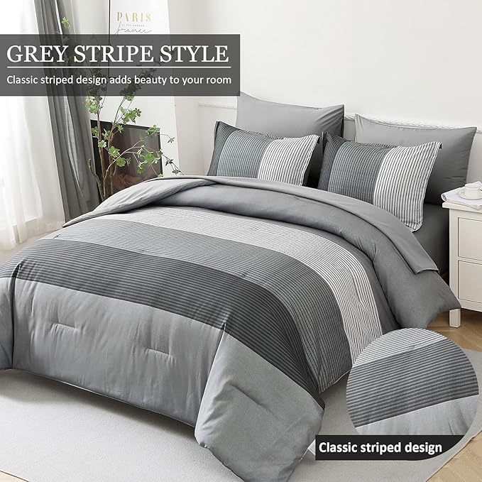 WONGS BEDDING Grey Comforter Set King, Reversible Grey Striped Down Alternative Comforter for King Bed,3 Pieces (1 Comforter+2 Pillowcases), Boho Soft Microfiber Bedding Set 104"×90"