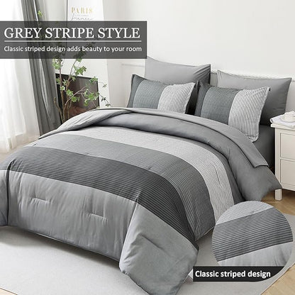 WONGS BEDDING Grey Comforter Set King, Reversible Grey Striped Down Alternative Comforter for King Bed,3 Pieces (1 Comforter+2 Pillowcases), Boho Soft Microfiber Bedding Set 104"×90"