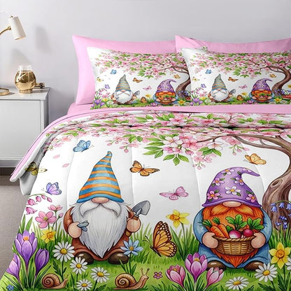 Nesker 5 Pcs Spring Comforter Set Twin Size, Gnome Flower Bedding Set for Kids and Adults, Pink Cherry Blossoms Tree Bed Sheet Sets with Fitted Sheet Pillowcase & Sham