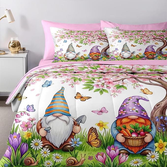Nesker 7 Pcs Spring Comforter Set King Size, Gnome Flower Bedding Set for Kids and Adults, Pink Cherry Blossoms Tree Bed Sheet Sets with Fitted Sheet 2 Pillowcases & 2 Shams