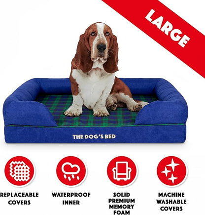 The Dog’s Bed Orthopedic Memory Foam Dog Bed with Bolsters, Oxford Fabric, Black Watch Tartan, L