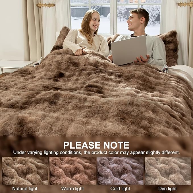 Faux Fur Heated Blanket King Size 100"X90" - Bubble Faux Fur Electric Blanket Fluffy Soft Thick with 6 Heating Levels & 10 hrs Timer Settings, Washable & ETL Certified for Bed, Tie-Dye Brown