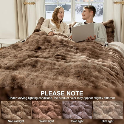 Faux Fur Heated Blanket King Size 100"X90" - Bubble Faux Fur Electric Blanket Fluffy Soft Thick with 6 Heating Levels & 10 hrs Timer Settings, Washable & ETL Certified for Bed, Tie-Dye Brown
