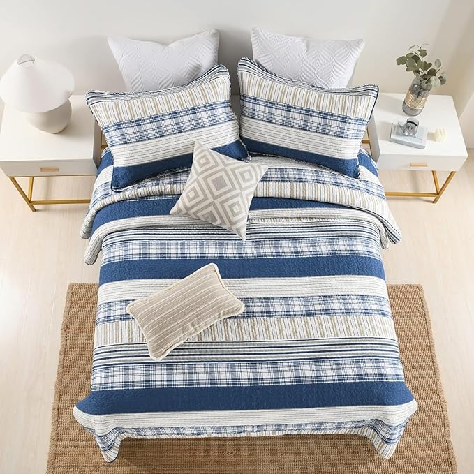 Homzard Twin Comforter- Blue Twin Bedding Sets, Plaid Striped Twin Quilt, Blue White Tan Quilt 100% Cotton, Farmhouse Comforter Bedspread 2 Pieces