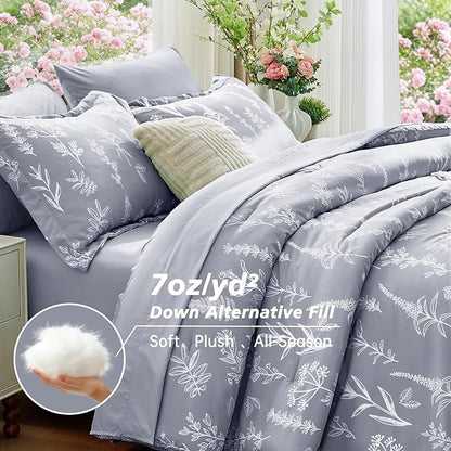 MUXHOMO Light Grey Full Comforter Set, Elegant Floral Print Bed in a Bag 7 Pieces, Ultra Soft & Breathable Reversible Botanical Pattern Bedding Set with Comforter, Sheets, Pillowcases, and Shams