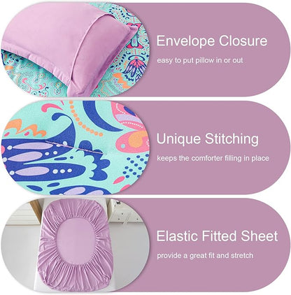 Queen Comforter Set, 7 Piece Bed in a Bag, Boho Aqua and Lilac Damask Medallion Print Comforter with Sheets, Soft Microfiber Complete Bedding Set for All Season (Aqua, Queen)