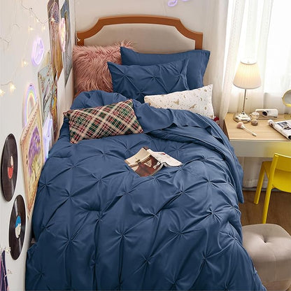 Bedsure Twin Comforter Set Navy - Bed in a Bag Twin Size Bedding 5 Pieces, GentleSoft™ Pintuck Bed Set Gift for Family, Pinch Pleat Navy Comforter with Sheets, Pillowcase & Sham