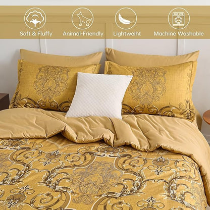 Mybedsoul 7 Pieces Gold Comforter Set King Size, Damask Bed in a Bag for King Bed, Lightweight Microfiber Boho Bedding Sets with Comforter, Sheet, Pillowcases & Shams for All Season(90"x104")