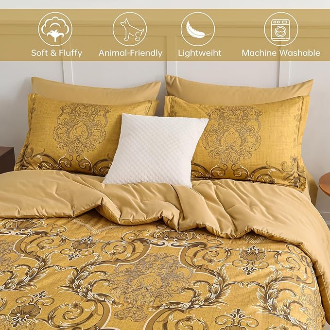 Mybedsoul Gold Queen Comforter Set, 7 Pieces Boho Bed in a Bag for Queen Bed, Damask Comforter with Sheets Pillowcases, Soft Microfiber Lightweight Bedding Sets for All Season(90"x90")