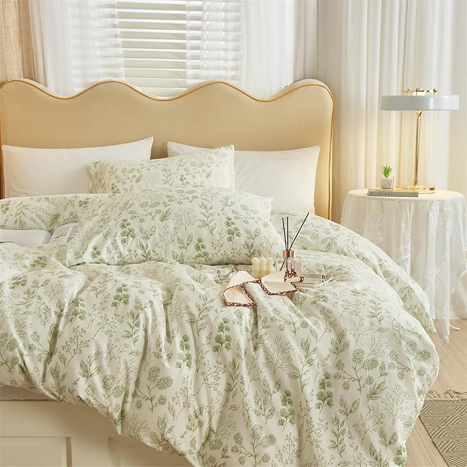 mixinni 3pcs Floral Comforter Set King Size, Boho Green Flowers Leaves Cute Bedding Comforter Sets for Women, 1 Soft Fluffy Botanical Comforter and 2 Pillowcases for All Seasons