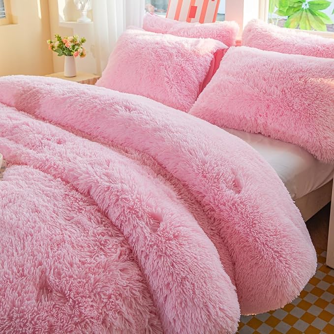 chovy Faux Fur Plush Light Pink Comforter Sets Full/Queen - Ultra Soft Shaggy Flannel Velvet Fluffy Fuzzy 3PC Bedding Set （Comforter x 1 Pillowcases x 2）