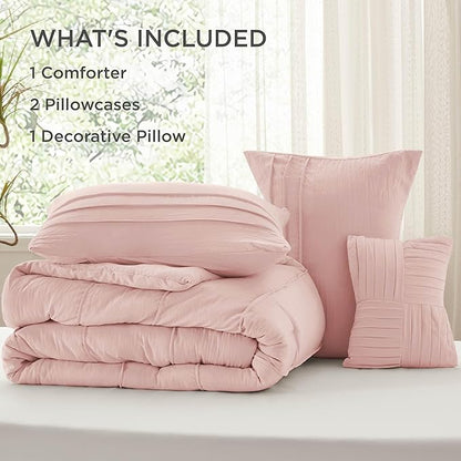 Bedsure Full Comforter Set - 4 Pieces Pinch Pleat Bed Set, Light Pink Boho Bedding for All Season, 1 Soft Comforter, 2 Pillowcases, 1 Decorative Pillow