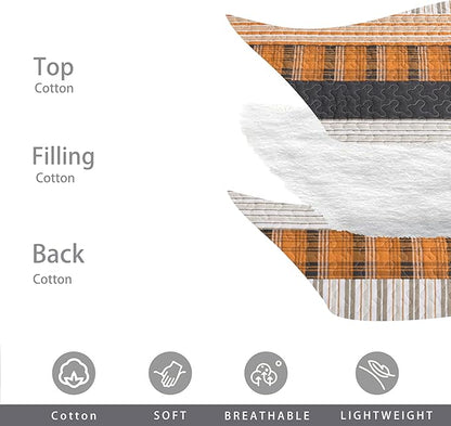 Homzard King Comforter Set,Cotton King Size Quilt，Caramel Orange Black King Bedding Set，Plaid Striped Bedspread Set，Lightweight Reversible Bed Set 3 Pieces
