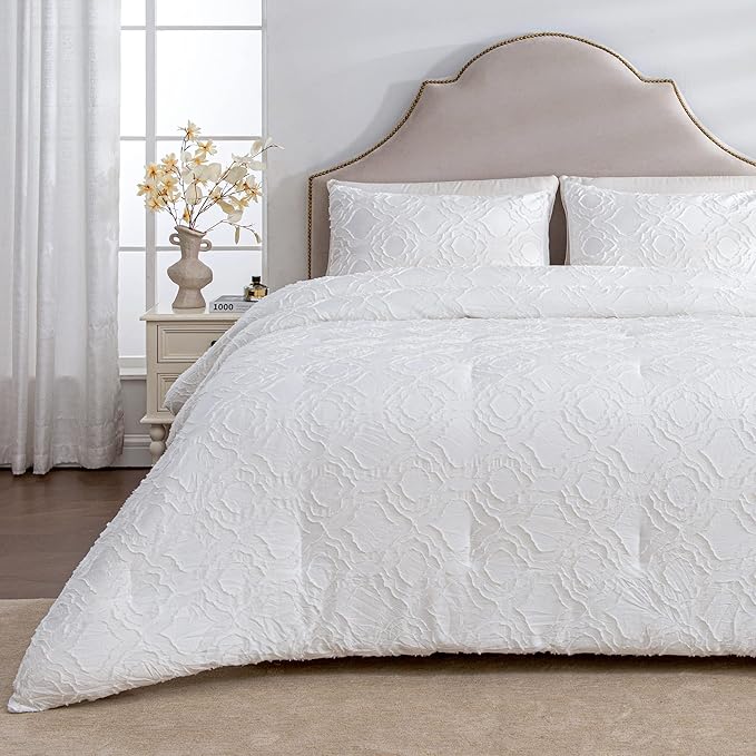 Andency White Boho Tufted Comforter Set Full(79x90Inch), 3 Pieces Floral Textured Farmhouse Bed, Soft Microfiber Down Alternative Geometric Bedding Set with 2 Pillowcases