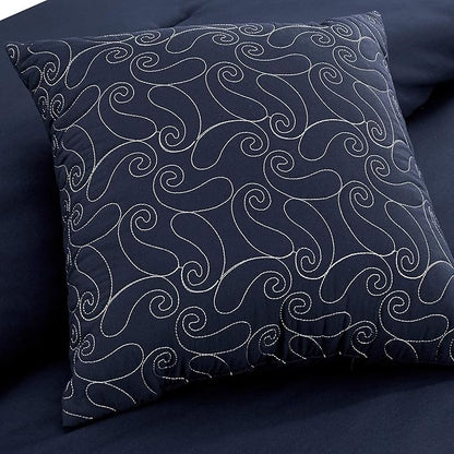 Chezmoi Collection Linz 7-Piece Navy/White Paisley Floral Scroll Embroidered Comforter Set, King
